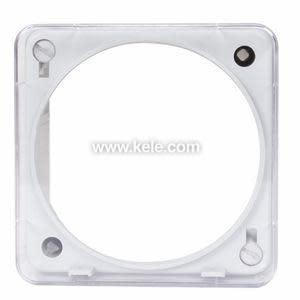 A transparent square plastic plate with a large round opening in the middle and four mounting holes near the corners.