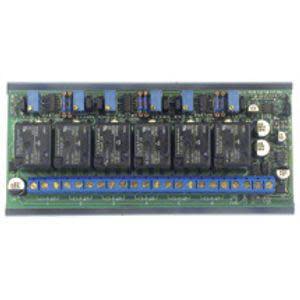 Rectangular circuit board with six black relays in a row and a blue terminal block spanning the bottom edge.