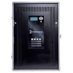 Black metal electrical box with louvered front and a small timer panel in the center.