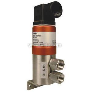 Cylindrical metal sensor with two threaded ports, orange collar and right-angle cable connector.