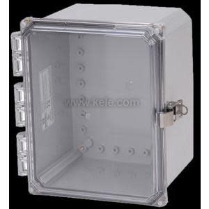 A gray electrical box with a transparent hinged front cover, a metal latch on the right, and stacked rectangular loops on the left side.