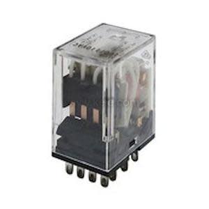 A transparent rectangular relay with a black bottom, visible copper contacts and white wires inside