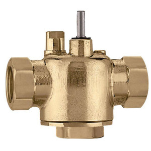 A polished golden-brass three-way valve with three hexagonal female fittings around a rounded body, a vertical silver stem protruding from the top centre, and a smaller side port.
