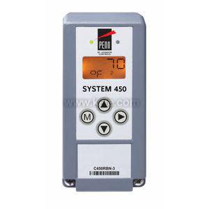 Rectangular gray digital controller with a small yellow display and arrow buttons on the front.