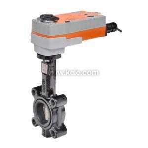 Compact black butterfly valve connected to a rectangular orange and gray motorized actuator with a side cable.