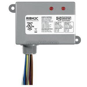 Grey RIBH2C relay module with two red LEDs and multicoloured wires.