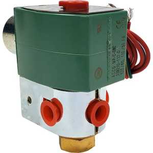 A compact solenoid valve featuring a green rectangular coil, a shiny metal body with red plastic port caps, and wiring leads