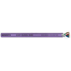A slim purple cable labeled 'security solutions reader' with alphabetical and numerical markings along it, ending in red, green, blue and other colored wires.