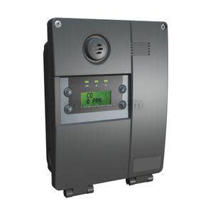 Dark grey gas detection unit featuring a small digital screen that reads CO level and a round vent at top.
