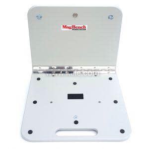 Black folding panel with built-in handle and slots for mounting to metal surfaces.