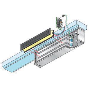 Diagram showing an overhead magnetic lock inside a door frame, with red lines depicting sensor beams and a small circuit board