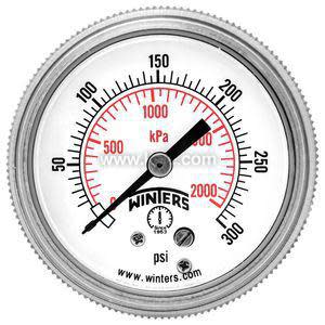Close-up of a round pressure gauge with a white dial, serrated rim and pointer, reading 0 to 300 psi with red kPa numbers.