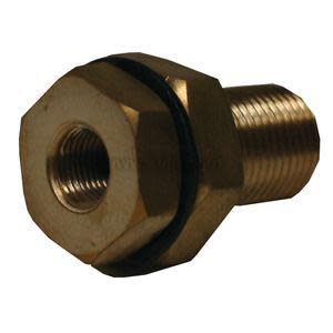 Gold-colored hexagonal fitting with threaded male end and internal female thread, separated by a black rubber gasket