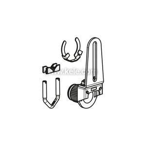 Technical drawing of mechanical linkage parts including arm, mounting bracket and screws