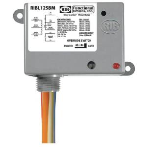 A small grey relay box with printed contact ratings and wiring diagram, an override switch indicator arrow, a red LED, and multi-colored wires exiting from a threaded fitting with mounting flanges on the sides.
