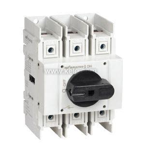 White electrical disconnect device with black rotating handle