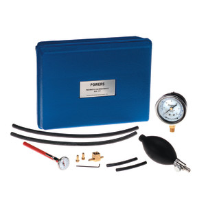 Calibration kit with blue case, round pressure gauge, black pump bulb, hoses and fittings