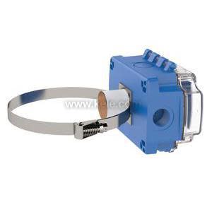 Bright blue box attaches to a pipe with a metal band; a small white rod projects from the front.