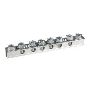 Small rectangular metal bar with eight hex-head screws across the top, used for electrical grounding or distribution.