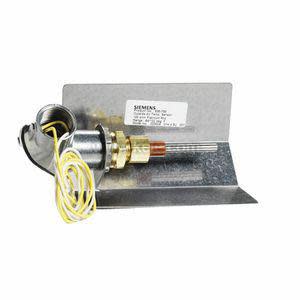 A temperature probe with a cylindrical metal sheath attached to a metal angle bracket, featuring a brass fitting and bundled yellow wires.