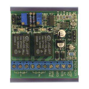 Small square circuit board with two black relays, adjustable blue potentiometers and screw terminals