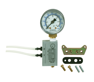Pressure gauge on block with tubing and mounting plate and screws.