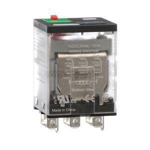 Clear plug‑in relay with visible components and green and red buttons.
