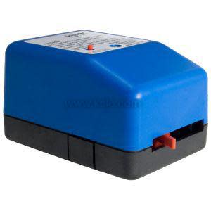 Blue rectangular actuator with black base and a small orange lever on front.