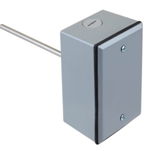 Gray rectangular sensor enclosure with a long metal rod protruding from one side used for measuring air temperature in ducts