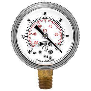 Round gauge with a white face and a scale showing vacuum measurements from zero to minus 30 inches of mercury, with a brass threaded connector.