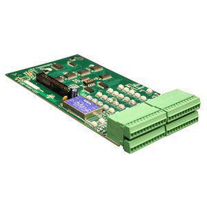 Rectangular expansion circuit board featuring an array of white blocks or relays, a blue-labeled component, and four large green plug-in terminal blocks along one edge.