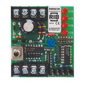 A compact green circuit board packed with small electronic components, including eight small blue adjustable knobs, red indicator lights labeled 80%, 60%, 40%, 20%, and a small black integrated circuit.