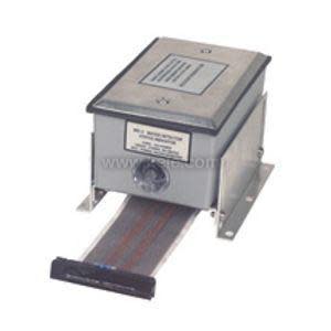 Metal water detector box with front connector and a long flat ribbon sensor extending from the bottom.