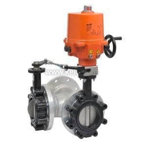 A silver T-shaped pipe assembly with two black butterfly valves connected by a linkage to an orange electric actuator with a handwheel, displayed against a white background.