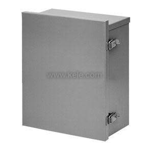 Grey metal outdoor enclosure with hinged door and two latches