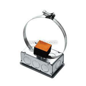 Rectangular grey metal box with orange sensor housing and adjustable hose clamp for pipe mounting.