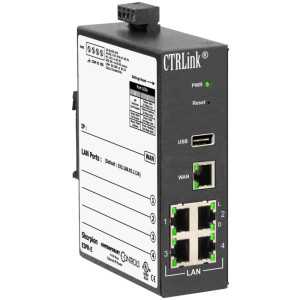 Tall black router module labeled CTRLink with four Ethernet jacks, one WAN port, USB socket and status LEDs.