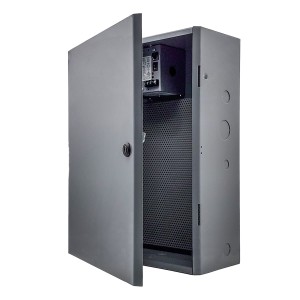 Large black rectangular metal box with a door partly open, revealing an inner perforated panel and small component mounted inside; round knockout holes are visible on the side.