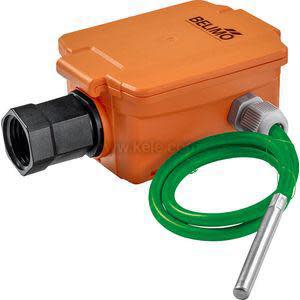 Small orange rectangular box connected to a green insulated cable that ends in a connector.