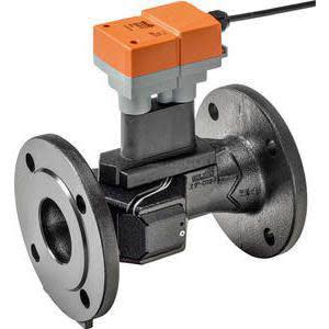 Industrial flow meter with black flanged pipe body and orange rectangular sensor mounted on top