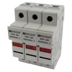Triple grey block device with three round openings at the top and three small red windows near the bottom, each labelled 600V 30A.