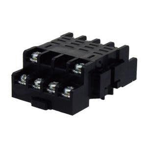 Rectangular black relay base with eight shiny screw terminals