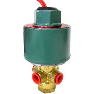 Cylindrical green solenoid coil atop a brass valve body with red port openings and a red wire
