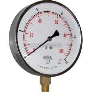 Angled view of a 4.5-inch pressure gauge by Winters with a brass bottom fitting, showing up to 15 psi and 100 kilopascals with a black pointer and red scale.
