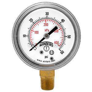 Round gauge with white dial and black numbers up to 60 psi, red numbers showing kPa, attached to a brass fitting.