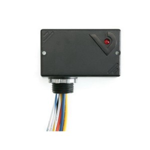 Black module with red LED and a thick bundle of colored wires.