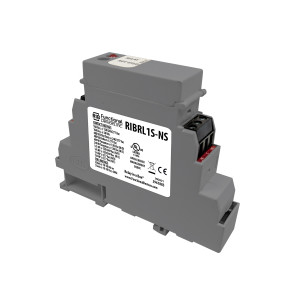 Gray DIN-rail relay module with printed labeling on front, screw terminals and plastic clip base