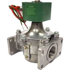 Large gas solenoid valve with a green rectangular coil and wired connections atop a metal valve body with threaded ports.