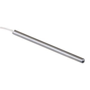 Slim stainless probe with rounded end and attached white lead.