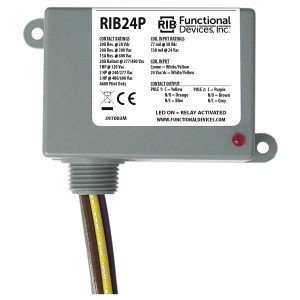 Gray rectangular RIB24P relay with printed specs label, red LED, and yellow, brown and purple wires exiting bottom